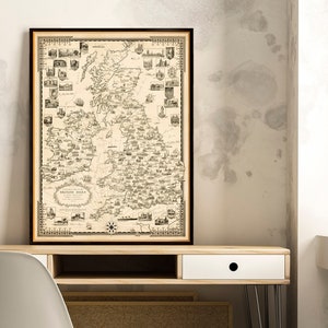 Pictorial map of the British Isles , vintage map restored, restoration hardware style decor