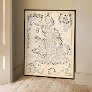 Carte de l'Angleterre, carte du Pays de Galles, carte historique restaurée, grande carte murale imprimée sur papier ou toile, décor de style restauration