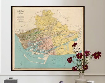 Le Hâvre map, decorative old map of Le Havre, detailed wall map poster from 1921, fine print