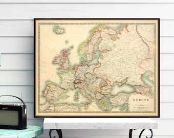 Map of Europe, antique map before The Great War, historical map decor, cartographic art