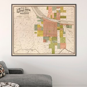 Carte de Little Rock, art mural de l'Arkansas, ancien plan de la ville restauré, impression fine pour la décoration murale