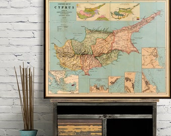 Cyprus map, historical map of Cyprus, decorative Cypriot gift, wall map decor