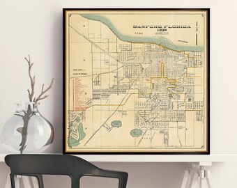 Sanford map, vintage city plan of Sanford from 1935, historical Waterfront Gateway City, wall map art