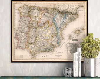 Mappa antica di Spagna e Portogallo / Arte murale d'epoca della penisola iberica / Stampa d'archivio