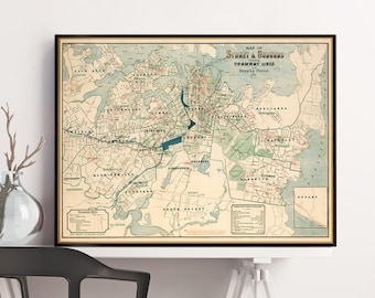 Old map of Sydney, historical map restored, vintage city map, wonderful Australian wall decor