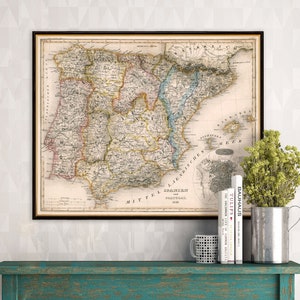 Spain map , Portugal map - Large old map of Spain and Portugal from 1849, giclee reproduction