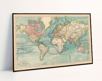 Map of the world, decorative wall map, housewarming decor, cartography art