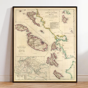 Carte de Malte, ancienne carte des îles Ioniennes, impression de carte historique, décor de carte vintage