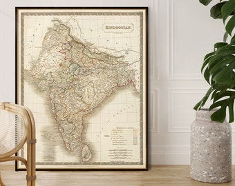 Map of Hindustan (Hindoostan), India wall map, history of India,large poster, home decor