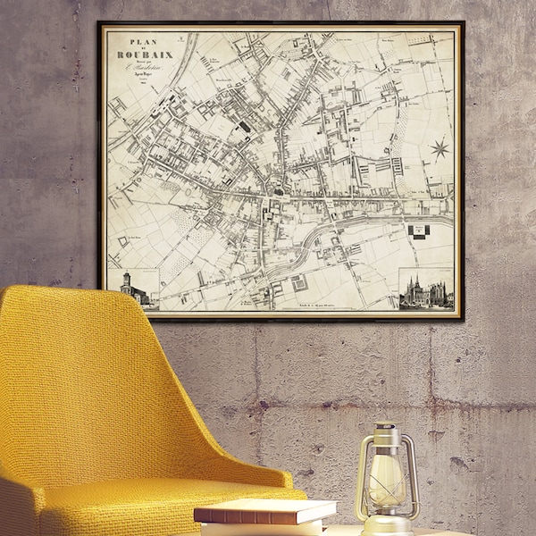 Old map of Roubaix map - Historical map reproduction, available on paper or canvas