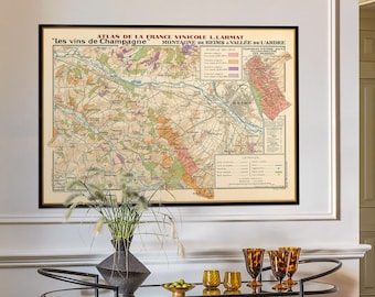 Atlas de la France Vinicole, French wine map of Montagne de Reims & Vallée de l'Ardre, decorative map house decor