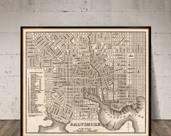 Wonderful map of Baltimore in sepia tones, Baltimore map print, antique restoration style