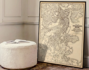 Old map of Boston, historical city plan from 1881, large wall map, vintage style decor