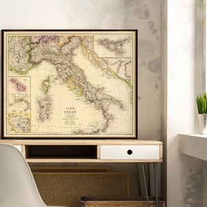 Oude kaart van Italië, kleine lettertjes, historische kaart gerestaureerd, Italiaans kunstdecor, Koninkrijk Italië in 1872