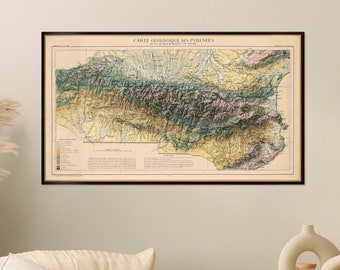 Pyrenees mountains, old geological map with a shaded relief 3D effect