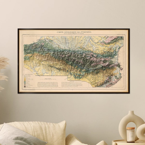 Montagnes des Pyrénées, ancienne carte géologique avec effet 3D de relief ombragé