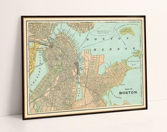 Vintage map of Boston, old city plan, cartography wall art decor, housewarming decor