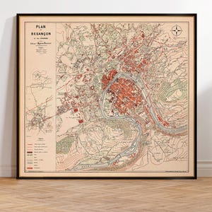 Plano antiguo de la ciudad de Besançon, mapa restaurado, reproducción de archivo