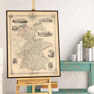 Germania nel 1851, mappa d'epoca con illustrazioni, vecchia mappa, decorazione per inaugurazione della casa, riproduzione d'arte