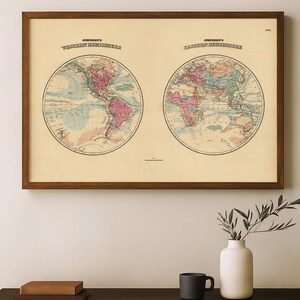 World Map in Two Hemispheres | 19th Century Dual-Globe Cartography | Vintage Archival Wall Art Print