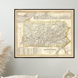 Carte de Pennsylvanie, décor de carte murale d'état de Keystone, carte restaurée, art de carte historique