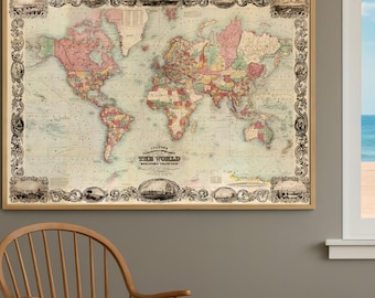 Illustrated and Embellished Map of The World | Antique Map Restored | Fine Art Print