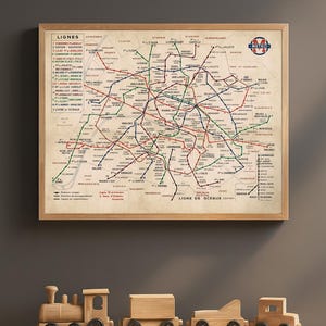 Paris Metro Map Print | Métro Plan Officiel du Réseau | Vintage Subway Wall Art