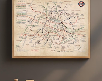 Paris Metro Karta Skriv ut | Metro Plan Officiel du Réseau | Vintage tunnelbana väggkonst