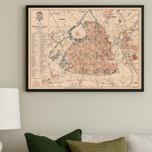 Vintage stadsplattegrond Lille uit 1892 | Antieke kaart gerestaureerd | Frans cartografiedecor | Kleine lettertjes