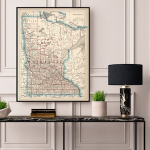 Mapa antigo de Minnesota - Mapa histórico restaurado - Impressão de mapa de parede, disponível em papel ou tela