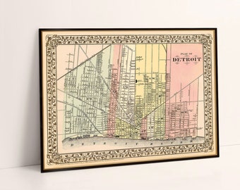 Detroit map, historical city plan, vintage map restored, wall map art print