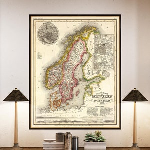 Carte de la Suède et de la Norvège, carte ancienne, magnifique carte vintage, petits caractères pour la décoration intérieure