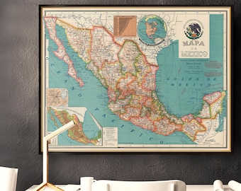 Old map of Mexico, wall map restored, showing counties and relief, large map, housewarming decor