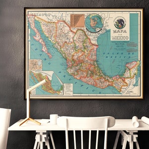 Old map of Mexico, wall map restored, showing counties and relief, large map, housewarming decor