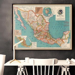 Old map of Mexico, wall map restored, showing counties and relief, large map, housewarming decor