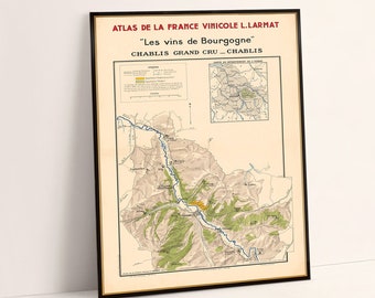 Chablis Grand Cru,  decorative wine map, Burgundy wine area, French vineyards poster
