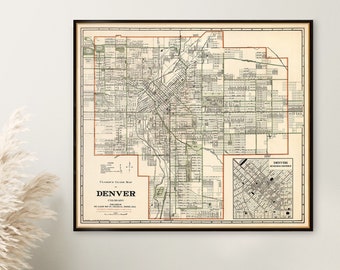 Vintage map of Denver, old map restored, city plan fine print, housewarming decor, giclee reproduction on paper or canvas