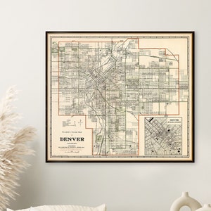 Carte vintage de Denver, ancienne carte restaurée, petits caractères du plan de la ville, décoration de pendaison de crémaillère, reproduction jet d'encre sur papier ou toile