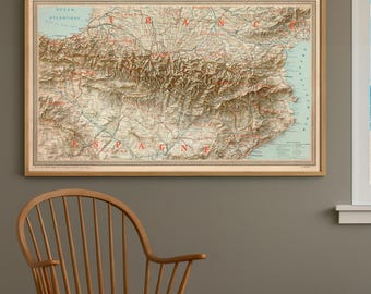 Carte vintage de la chaîne de montagnes des Pyrénées avec un effet d'ombrage | Décoration murale topographique