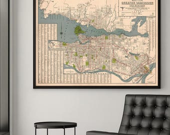 Impression de carte du Grand Vancouver | Plan historique de la ville canadienne | Art mural de cartographie urbaine | Petits caractères