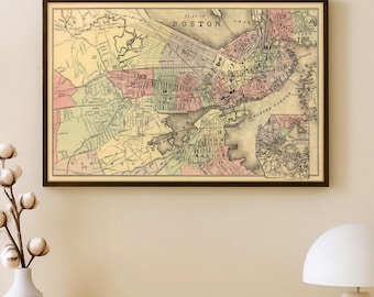 Vintage plattegrond van Boston en omliggende districten | | Kaart uit de 19e eeuw | Archiefafdruk