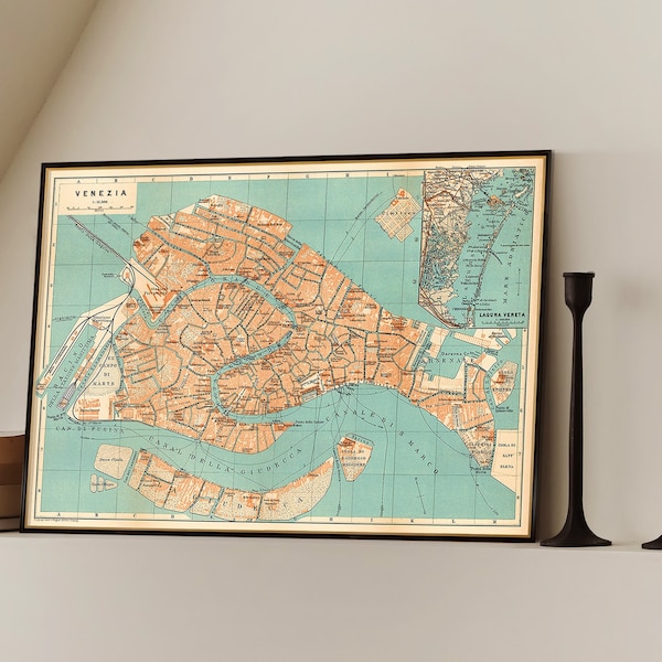 Carte vintage de Venise, reproduction d'archives, impression de carte de la vieille ville, affiche de carte de La Serenissima