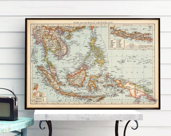 Old map of East Indies, Siam and The Malay Archipelago, vintage map wall decor, fine print reproduction