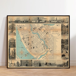 Kaart van Riga: vintage kaart van Riga, fijne archiefafdruk op papier of canvas