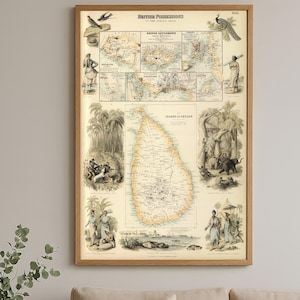 Mappa pittorica di Ceylon / Arte geografica dello Sri Lanka / Era coloniale del Sud-est asiatico / Stampa d'archivio