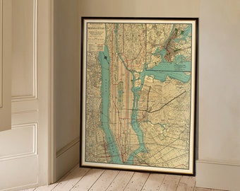 Carte de Manhattan, ancienne carte de Manhattan, New York, carte vintage détaillée de 1924, décoration murale de style vintage