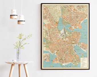 Old map of Helsinki, wall map restored, fine reproduction, Finnish wall decor