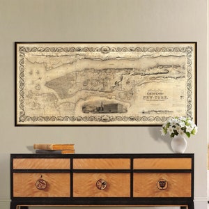 New York Stadtplan, Landkarte von Manhattan, alte Karte mit Illustrationen, Stadtplan von NYC, New Amsterdam um 1659, antike Karte, Wanddeko, Stadtplan von New York