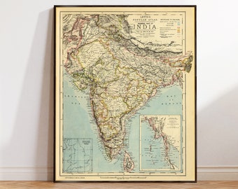 Carte vintage de l'Inde - Reproduction d'archives - Carte murale de l'Inde - Impression sur papier ou toile