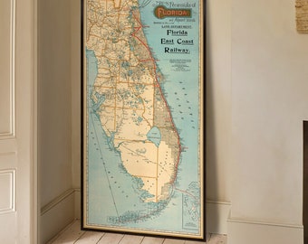 Old map of Florida, archival map print, Florida East Coast Railway, a wonderful vintage map reproduction, housewarming decor